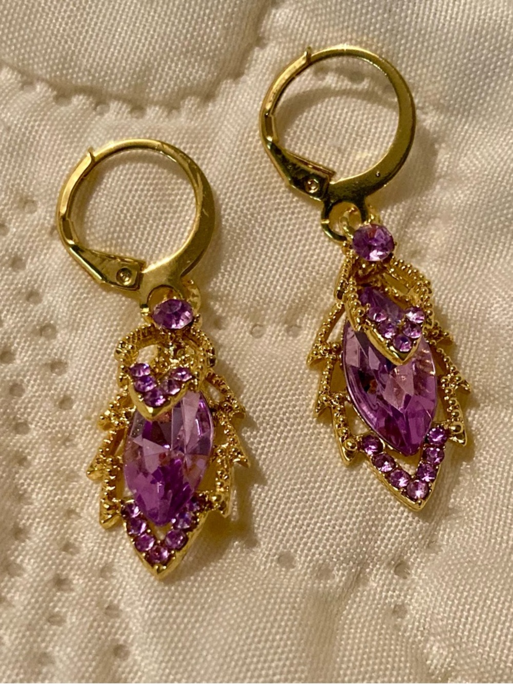 Gold-Tone Purple Crystal Drop Earrings  New.
